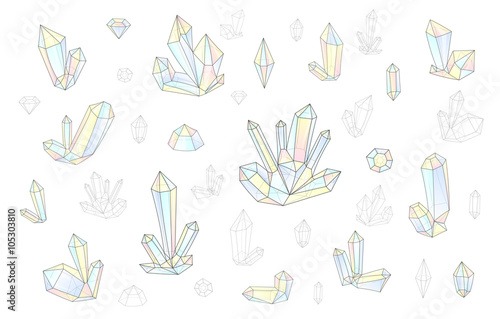 Set 18 isolated on white fashion brightly colored diamonds  hipster style. Stylish transparent crystal in pink and blue. Surrealistic crystals. Stylized gems. Natural stones. Diamonds and rhinestones.