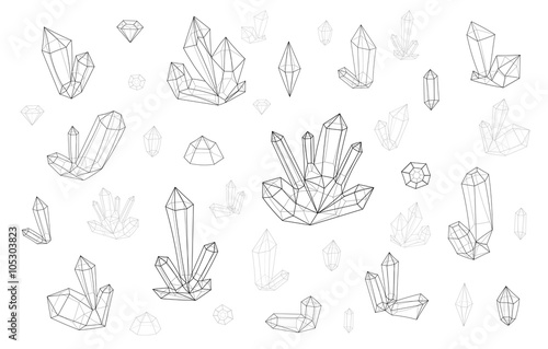 Set 18 isolated fashion crystal. Monochrome diamonds in lines hipster style. Stylish crystal design in outlines. Clear surrealistic crystals. Stylized gems. Natural stones. Diamonds and rhinestones.