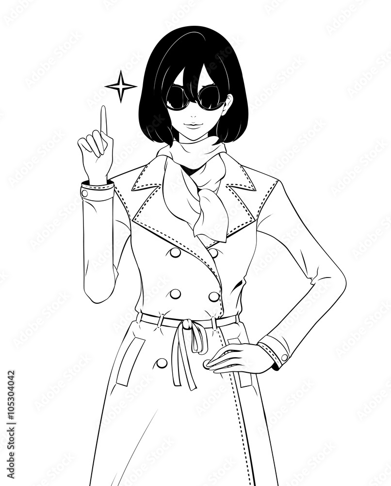 指を立てる女性 / トレンチコートとサングラス / 自信