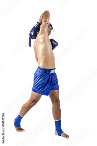 a thai boxer with thai boxing action, isolated on white background   © kromkrathog