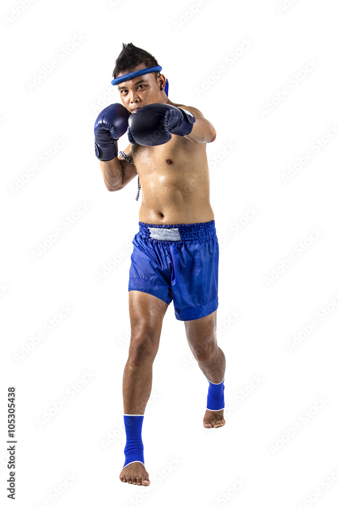 a thai boxer with thai boxing action, isolated on white background a thai boxer with thai boxing action, isolated on white background