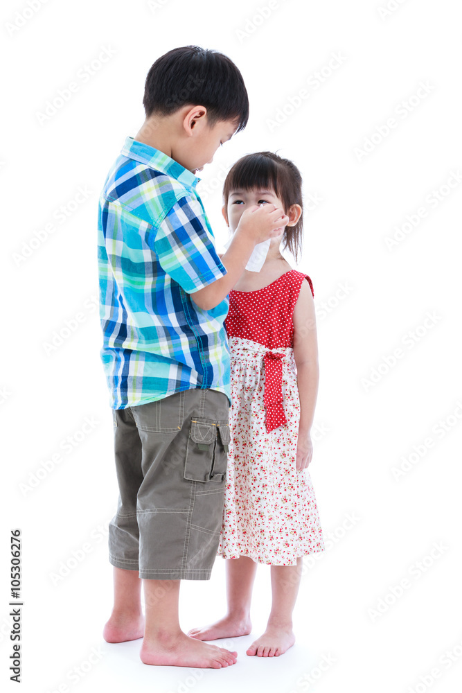 Full body. Elder brother is comforting his crying sister. Isolated on white background. Full body. Elder brother is comforting his crying sister. Isolated on white background.