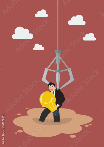 Robotic claw clutching a businessman who has an idea from a quic