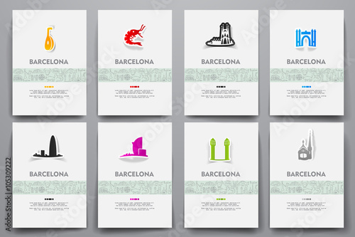 Corporate identity vector templates set with doodles Barcelona theme