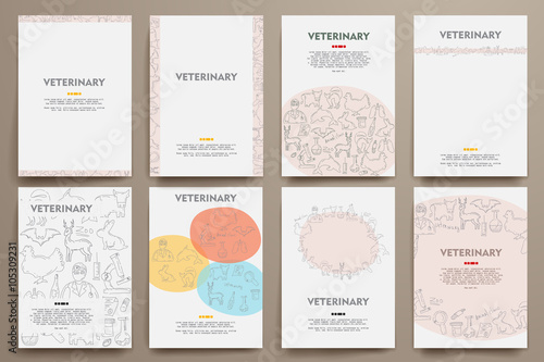 Corporate identity vector templates set with doodles veterinary theme