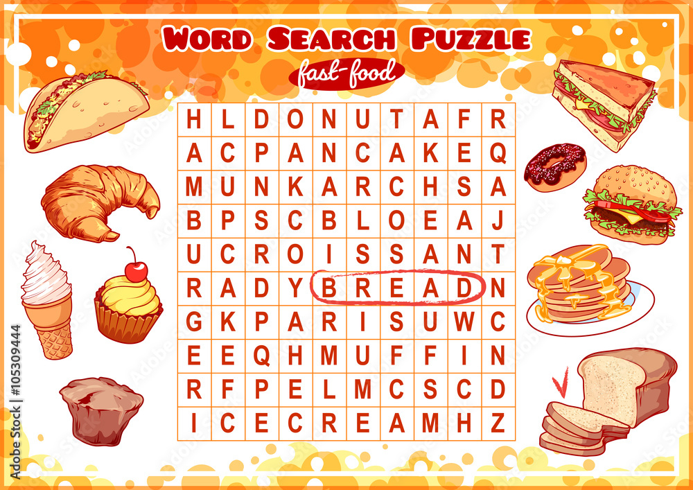 Word search puzzle with fast-food. Stock Vector | Adobe Stock