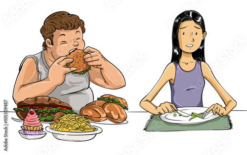 Ilustración de hombre y mujer con anorexia trastornos alimenticios 