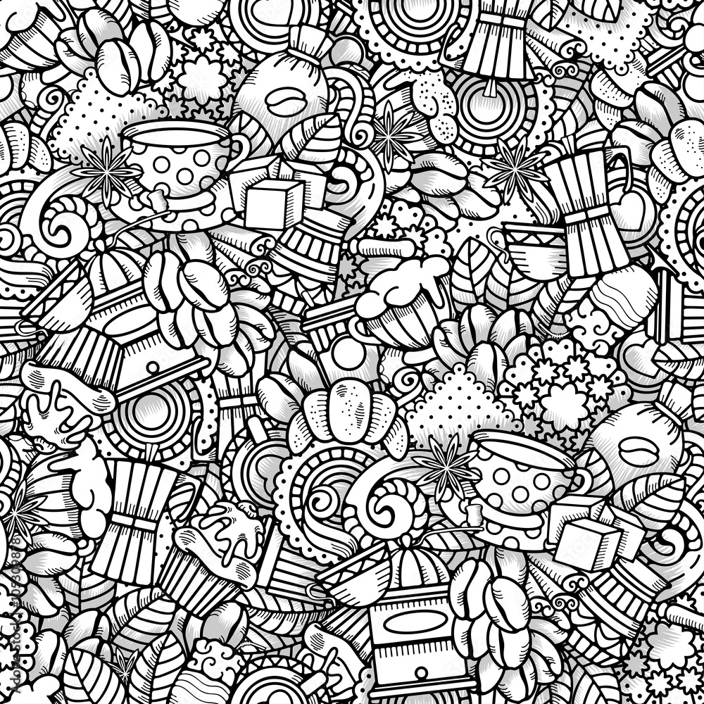 Coffee Seamless Pattern in Outline Hand Drawn Doodle Style with Different Objects on Coffee Theme. All elements are separated and editable.  Vector Illustration. 