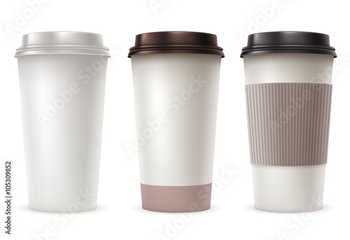 Set of Disposable Paper Cups with Plastic Covers and Sleeve to Take-out. Realistic Vector Illustration. Isolated on White Background.