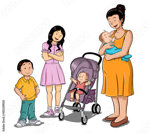 Foto Ilustración de mujer embarazada con sus hijos de diferentes edades