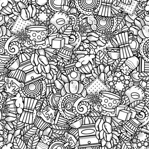 Coffee Seamless Pattern in Outline Hand Drawn Doodle Style with Different Objects on Coffee Theme. All elements are separated and editable.  Vector Illustration. 