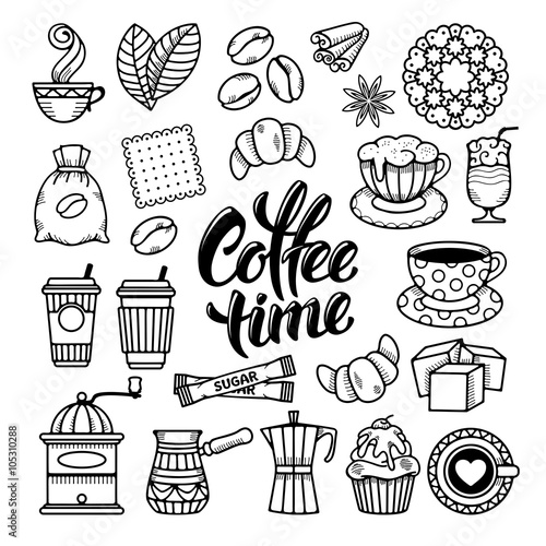 Coffee Theme Icons Set in Minimalistic Outline Hand Drawn Doodle Style. Calligraphic Lettering Coffee Time. Vector Illustration. Isolated on White Background.