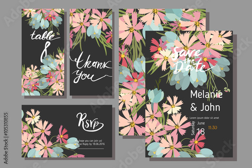 Floral cosmos flowers and crocus retro vintage background