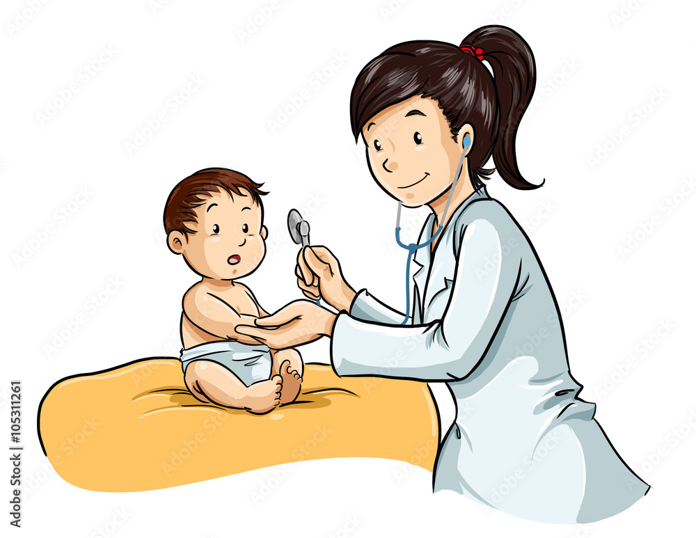 Ilustracion de joven doctora revisando a bebe niño pequeño Ilustracion de joven doctora revisando a bebe niño pequeño