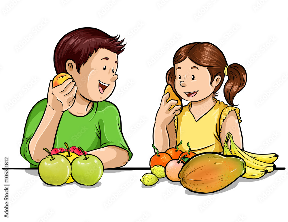 ilustración par de niños comiendo fruta saludable Stock Illustration |  Adobe Stock