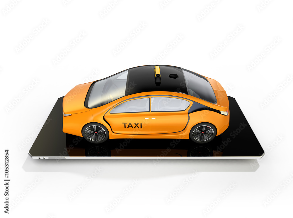 Yellow electric taxi on smart phone. Concept for mobile taxi order service.