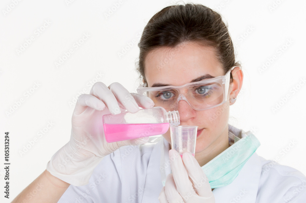 Isolated scientist woman in lab coat with chemical glassware Isolated scientist woman in lab coat with chemical glassware