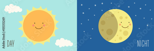 Cute smiling cartoon characters of Sun and Moon as Day and Night symbols