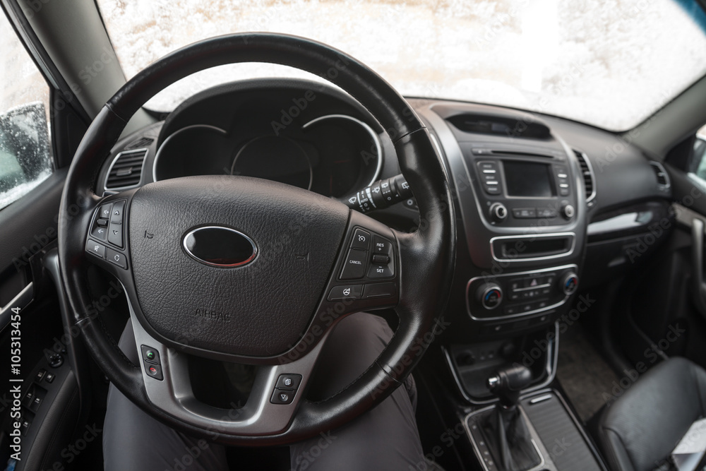 Steering wheel of vehicle, car interior, fisheye view