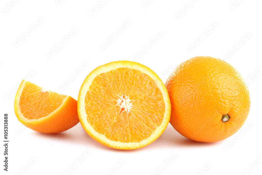 large and delicious sliced oranges laid out on a white isolated background large and delicious sliced oranges laid out on a white isolated background