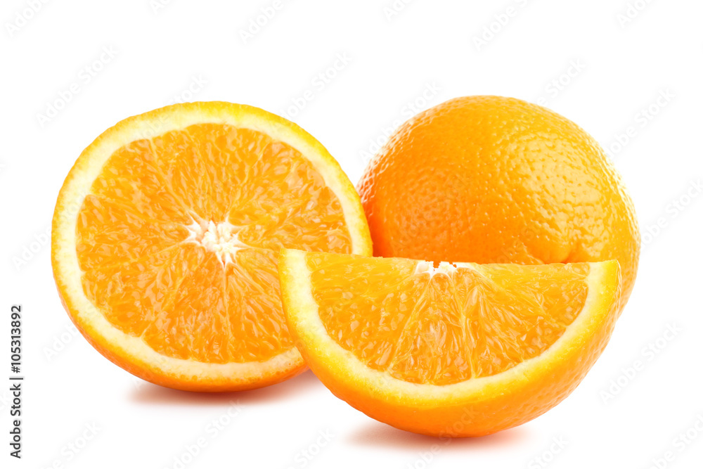 large and delicious sliced oranges laid out on a white isolated background large and delicious sliced oranges laid out on a white isolated background