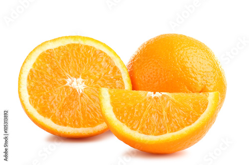 large and delicious sliced oranges laid out on a white isolated background