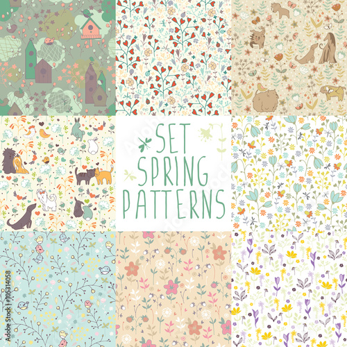 Set spring seamless patterns. 8 different backgrounds with hand-painted flowers and animals.