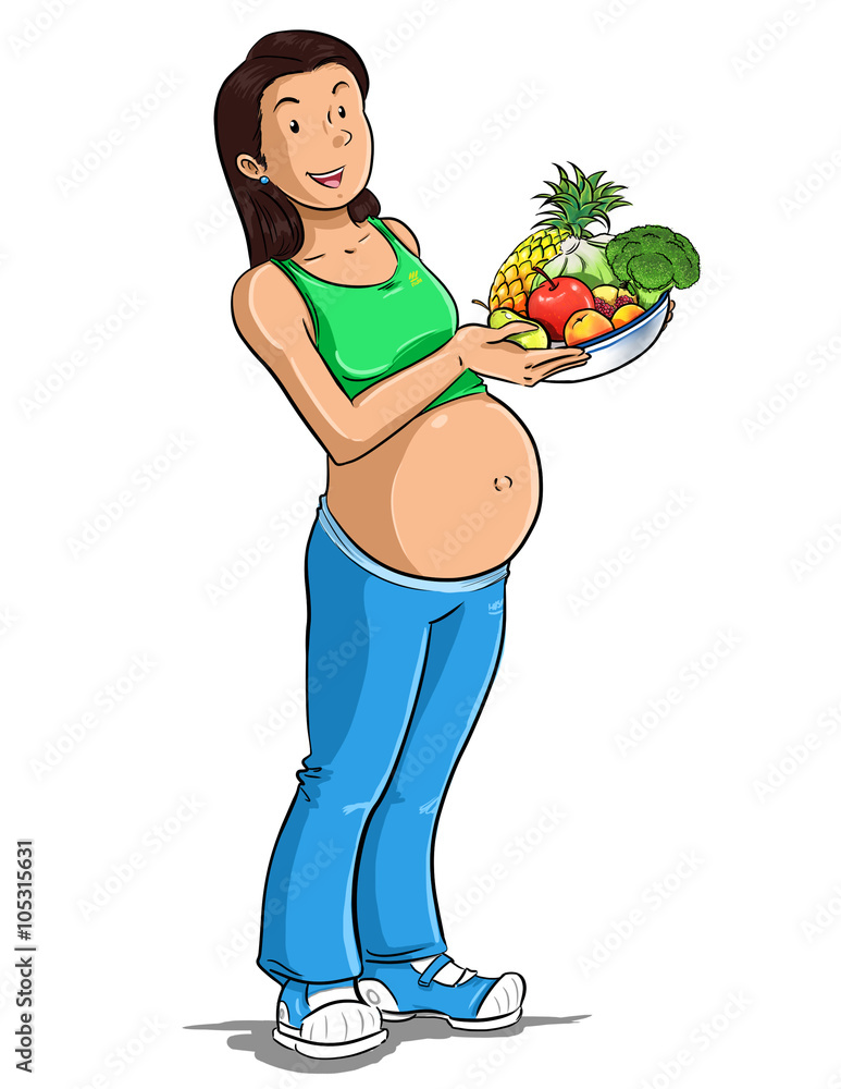 Ilustración de mujer embarazada con deportiva cargando un plato con frutas verduras para embarazo saludable ilustración de Stock | Adobe Stock