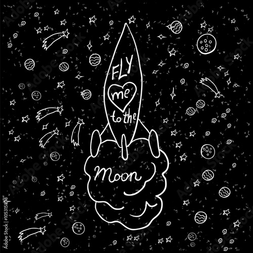 Illustration of hand-lettering that says Fly me to the moon