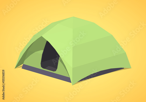 Green camping tent against the yellow background. 3D lowpoly isometric vector illustration