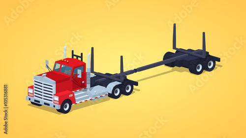 Empty log truck against the yellow background. 3D lowpoly isometric vector illustration