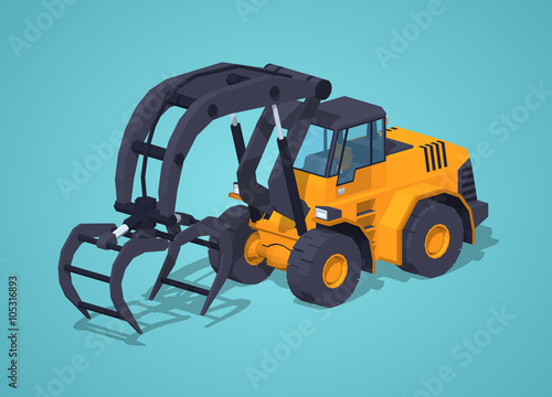 Yellow log loader against the blue background. 3D lowpoly isometric vector illustration