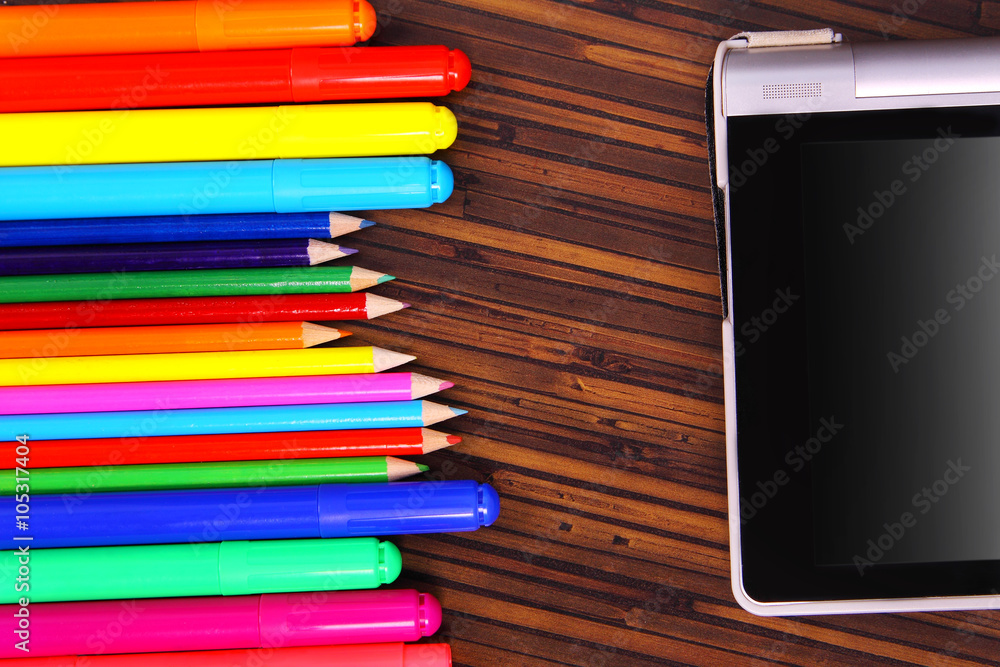 Fototapeta premium Tablet mock up template with school supplies