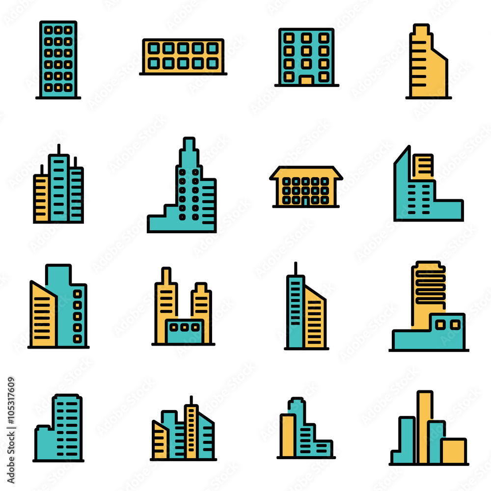 Trendy flat line icon pack for designers and developers. Vector line building icon set, building icon object, building icon picture, building image - stock vector