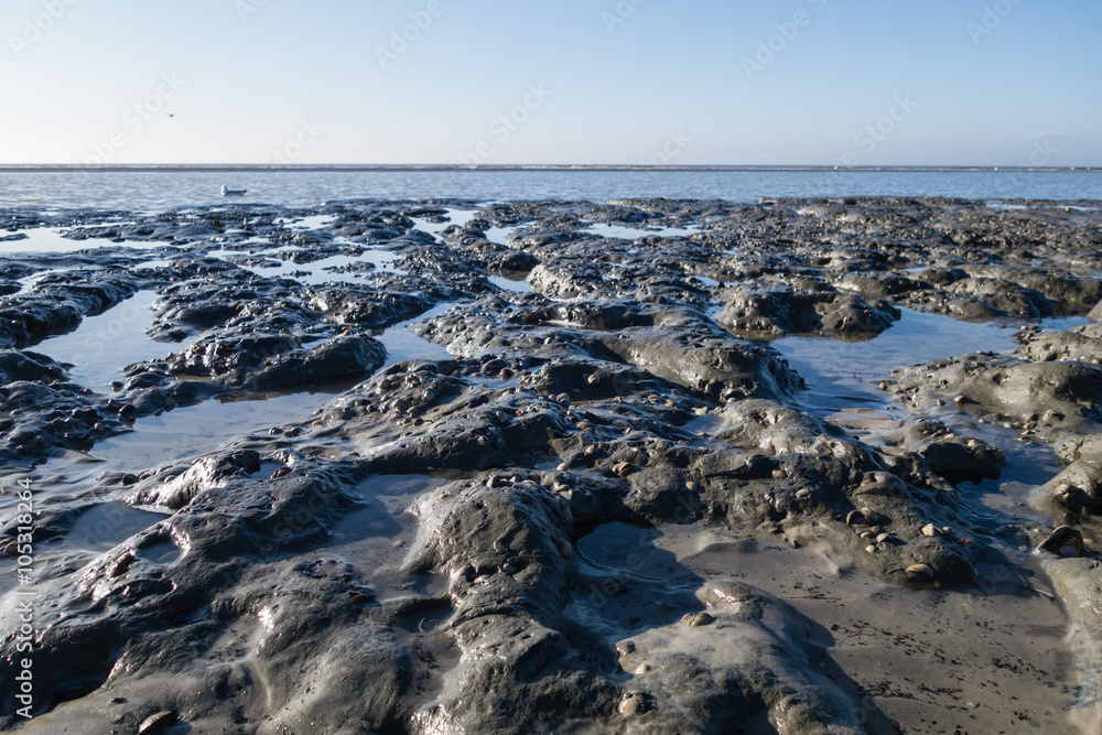Schlickboden Ölklumpen Erdölklumpen Strand Schlickboden Ölklumpen Erdölklumpen Strand