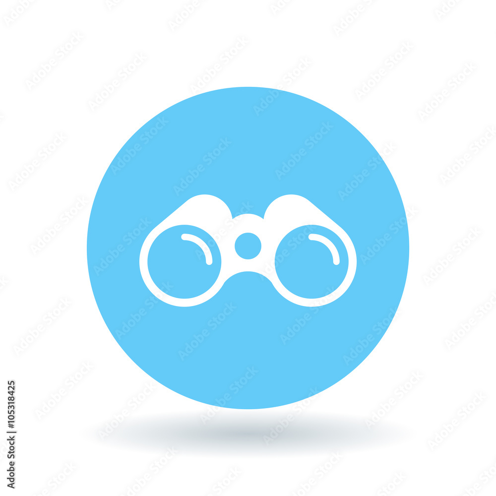 Fototapeta premium Binoculars icon. Binocular symbol. Optical instrument sign. White binocular icon on blue circle background. Vector illustration.