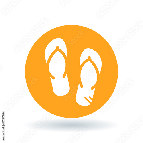 Beach slops icon. Flip flops symbol. Summer sandals sign. White flip-flops icon on orange circle background. Vector illustration.