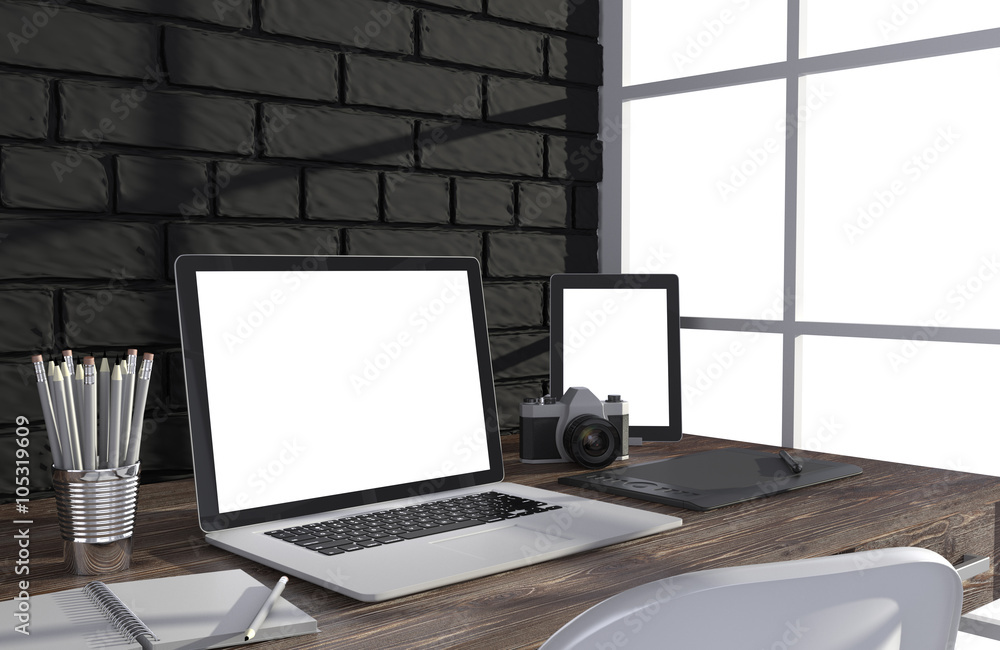 Fototapeta premium 3D illustration laptop and work stuff on table near brick wall, Workspace