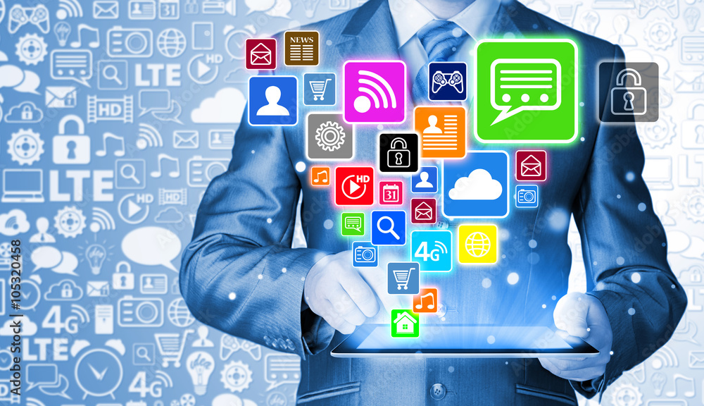Business man using tablet PC with social media icon set Business man using tablet PC with social media icon set