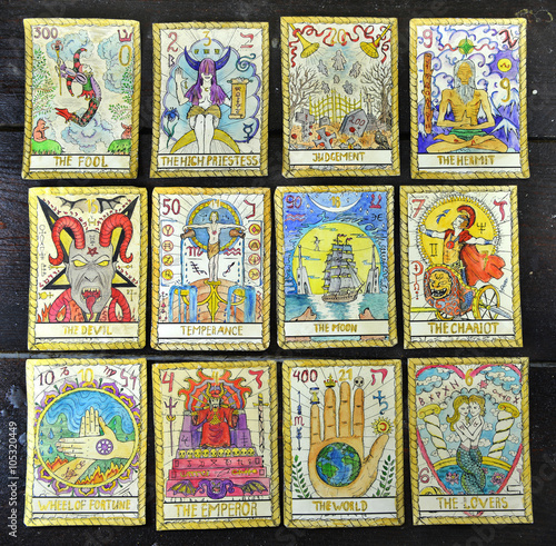 Background with the tarot cards, top view