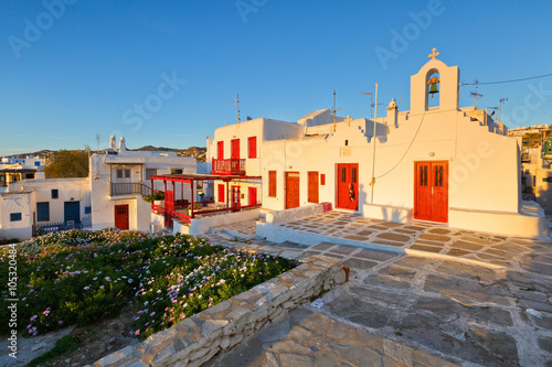 Church and traditional architecture in the town of Mykonos  Greece.