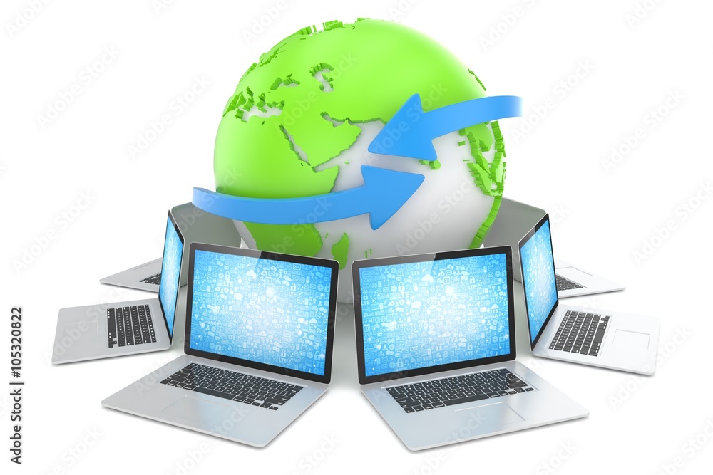 Laptop network around earth globe. 3d render Laptop network around earth globe. 3d render