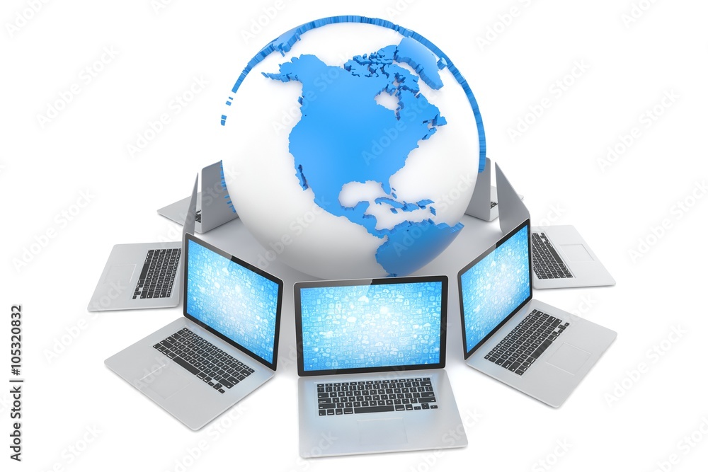 Laptop network around earth globe. 3d render Laptop network around earth globe. 3d render