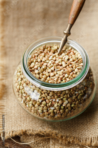 Buckwheat seeds in a glass jar