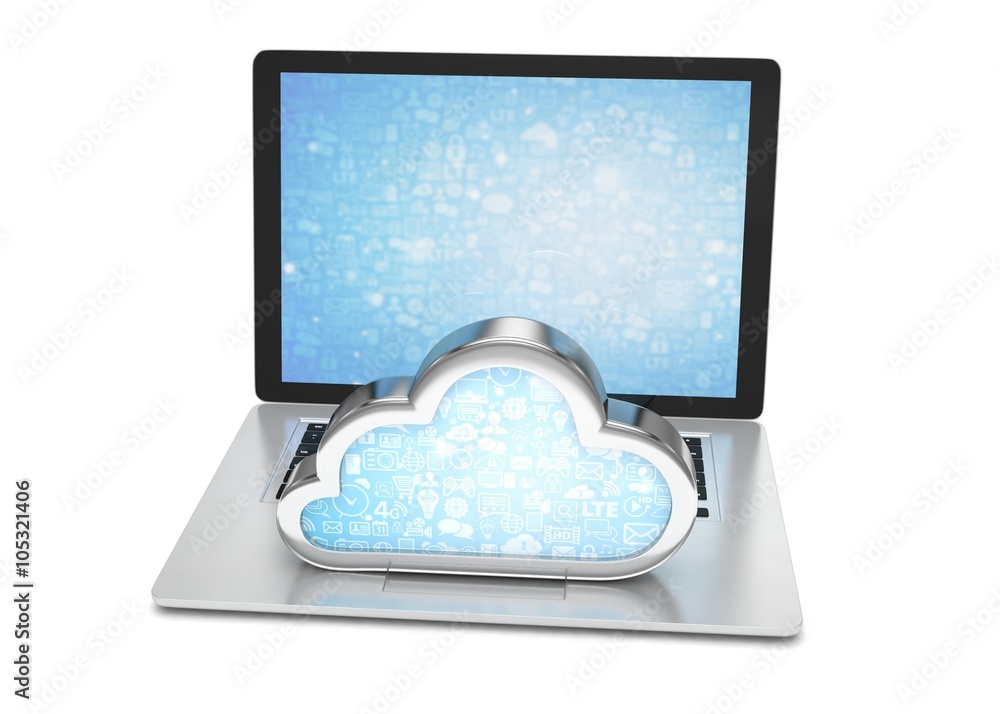 Laptop with cloud computing symbol on keyboard. 3d render Laptop with cloud computing symbol on keyboard. 3d render