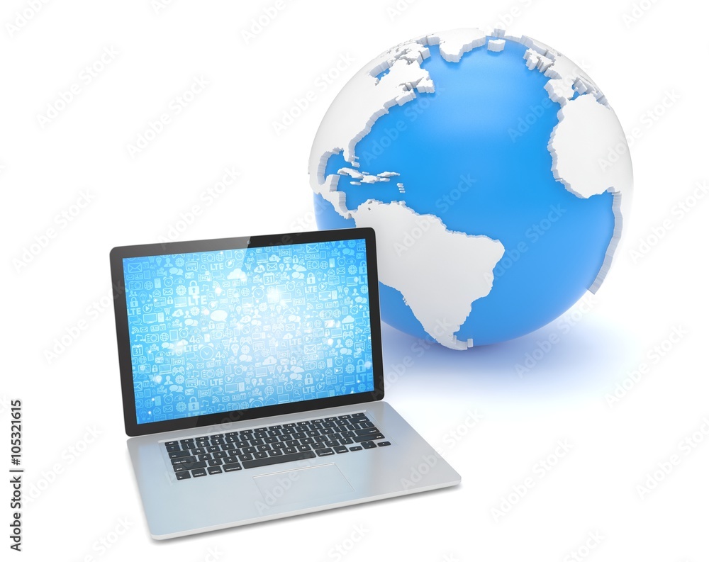 Laptop network and earth globe. 3d render Laptop network and earth globe. 3d render