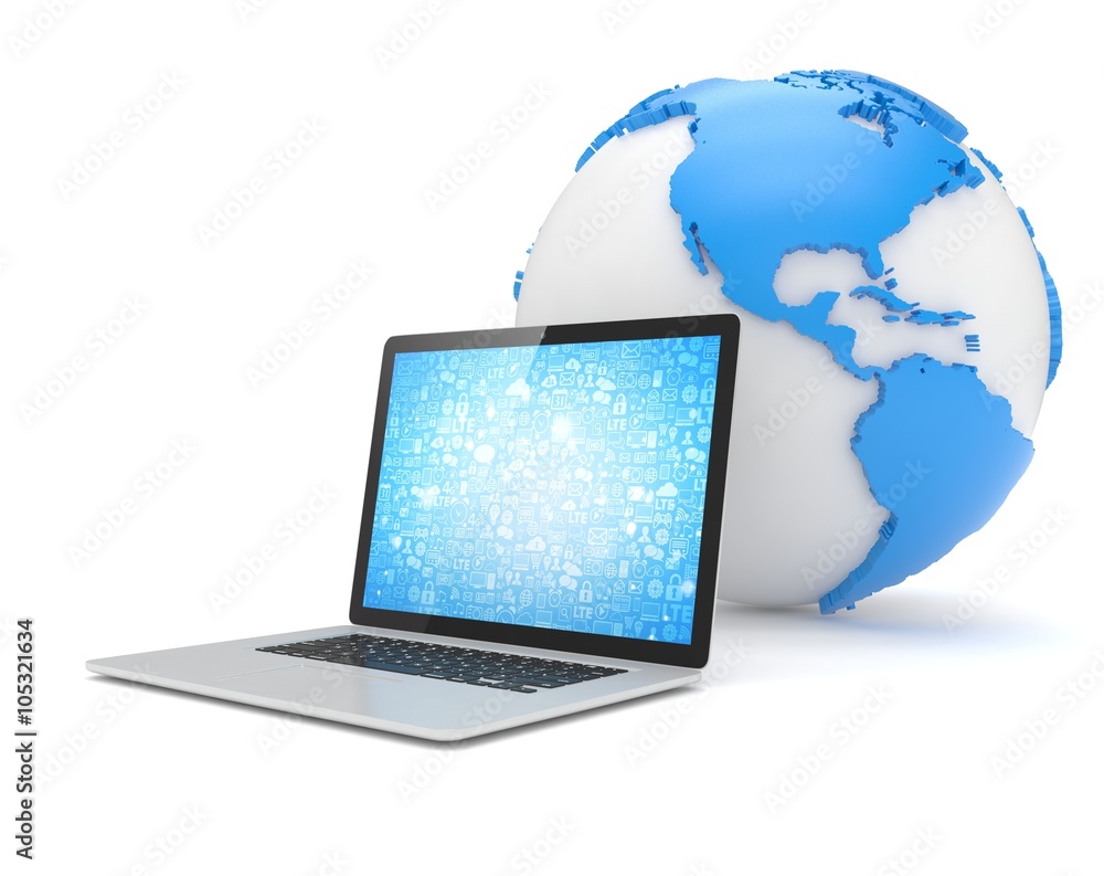 Laptop network and earth globe. 3d render Laptop network and earth globe. 3d render