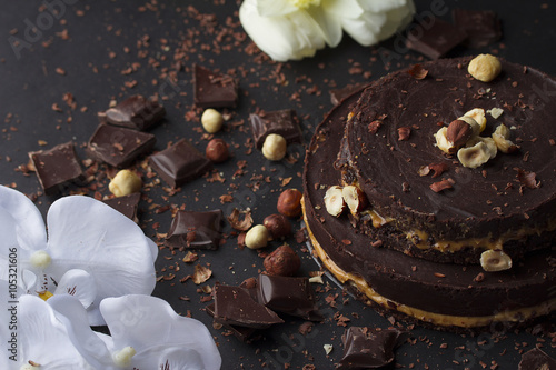 Little tasty chocolate cake with nuts