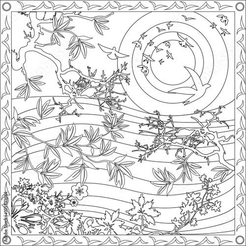 Page Coloriage pour Adultes Livre Design Motif Paysage Japonais Oiseaux Vecteur Illustration 