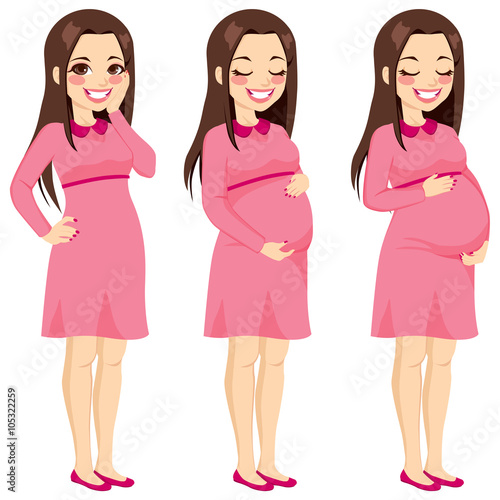 Beautiful brunette pregnant woman showing pregnancy growing process touching her belly